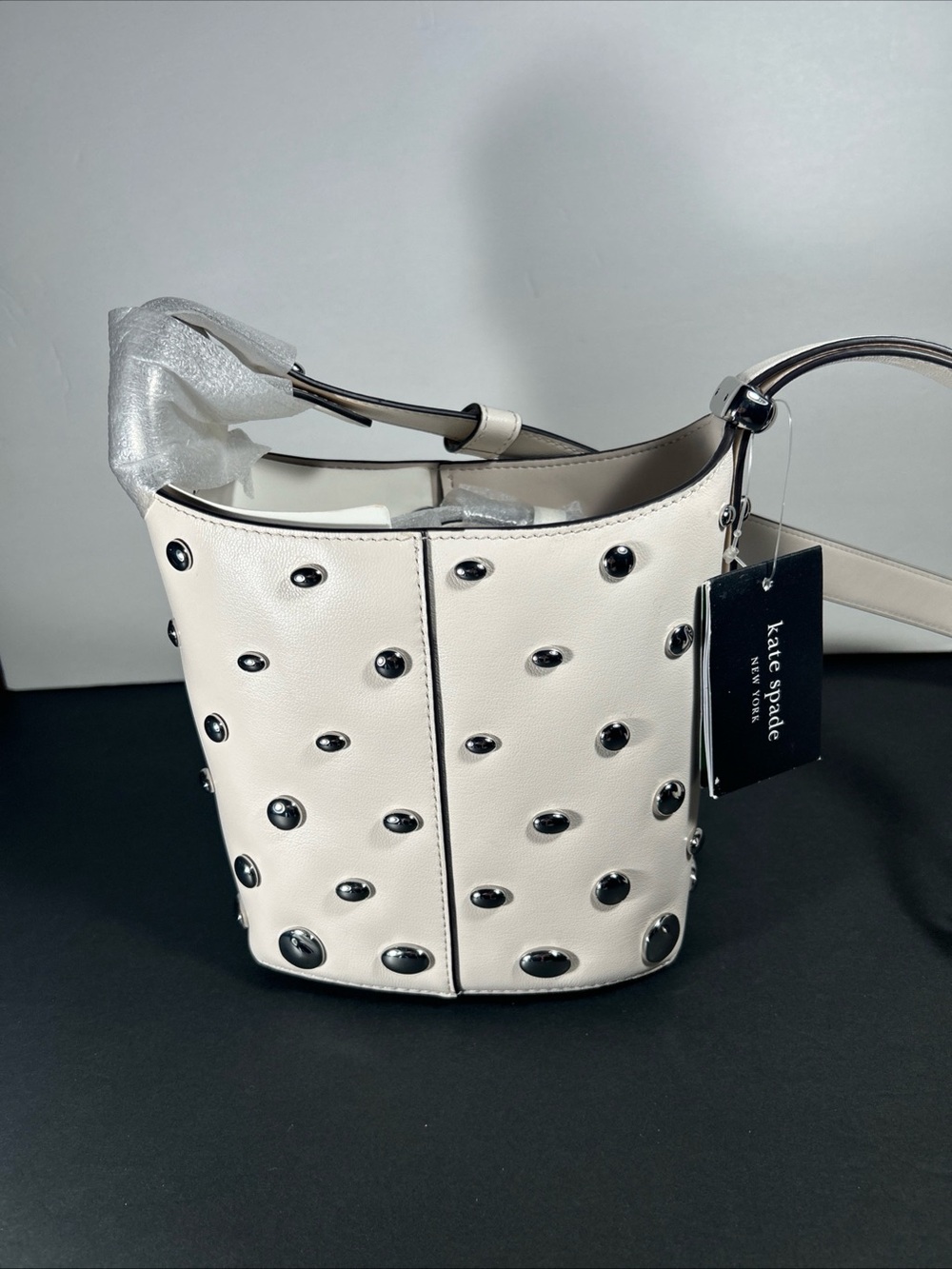 Beautiful leather studded Kate Spade crossbody bucket purse. New.